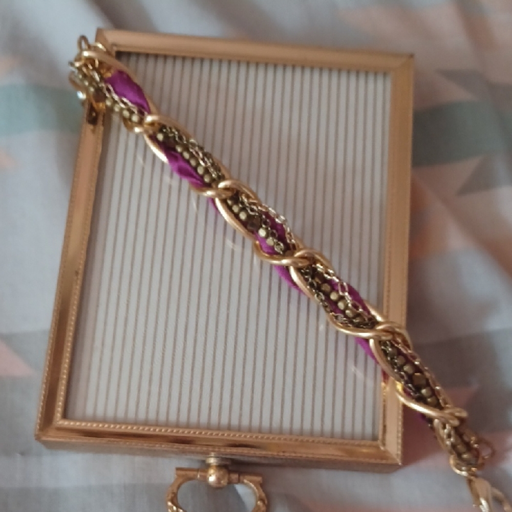 Gold and Fuchsia Braided Chain Bracelet - Women Jewelry